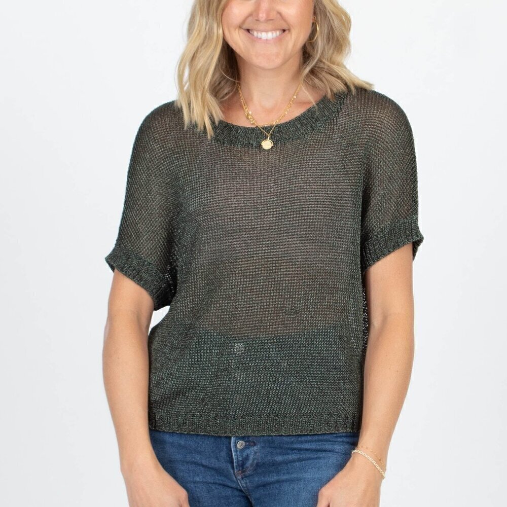 Vince. Metallic Green Mesh Knit Short Dolman Sleeve Sweater Top XS